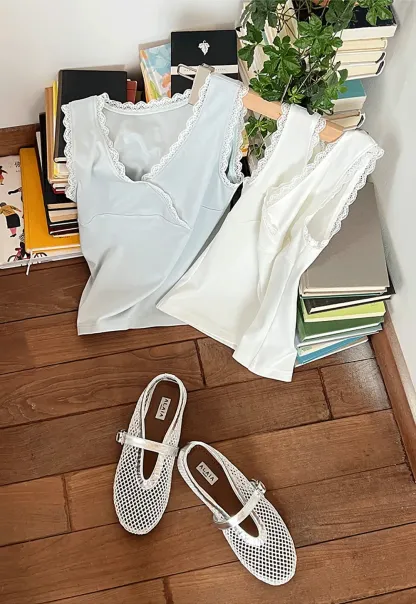 Lace Trim V Neck Wrap Front Tank Top