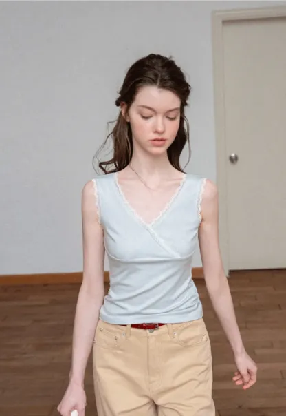 Lace Trim V Neck Wrap Front Tank Top