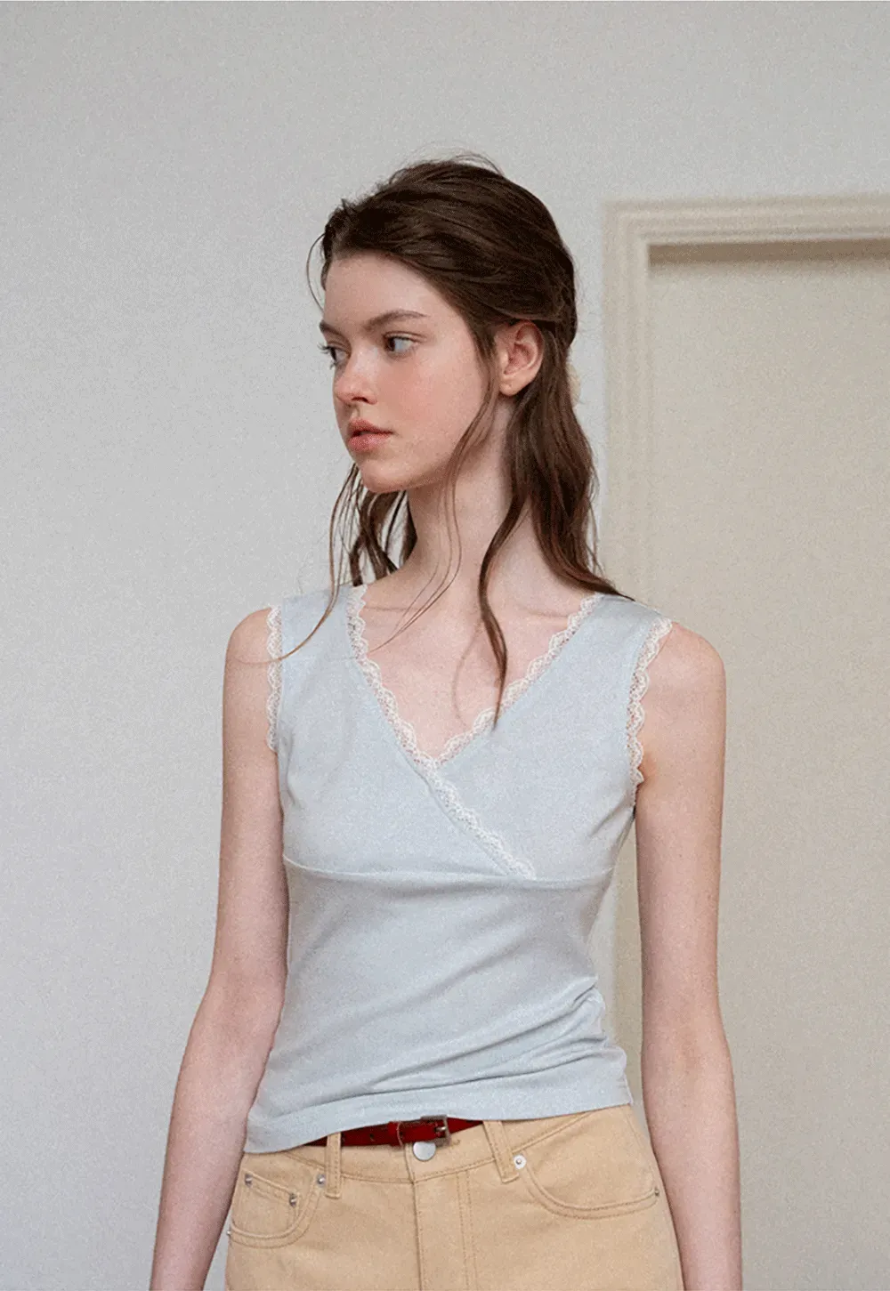 Lace Trim V Neck Wrap Front Tank Top