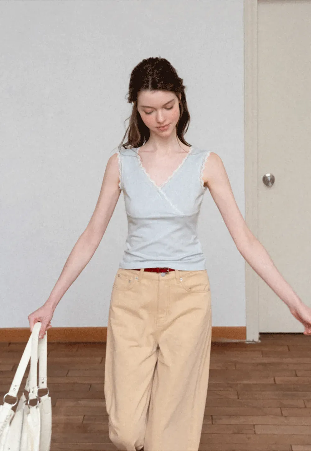 Lace Trim V Neck Wrap Front Tank Top