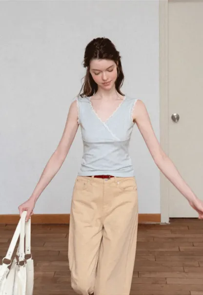 Lace Trim V Neck Wrap Front Tank Top