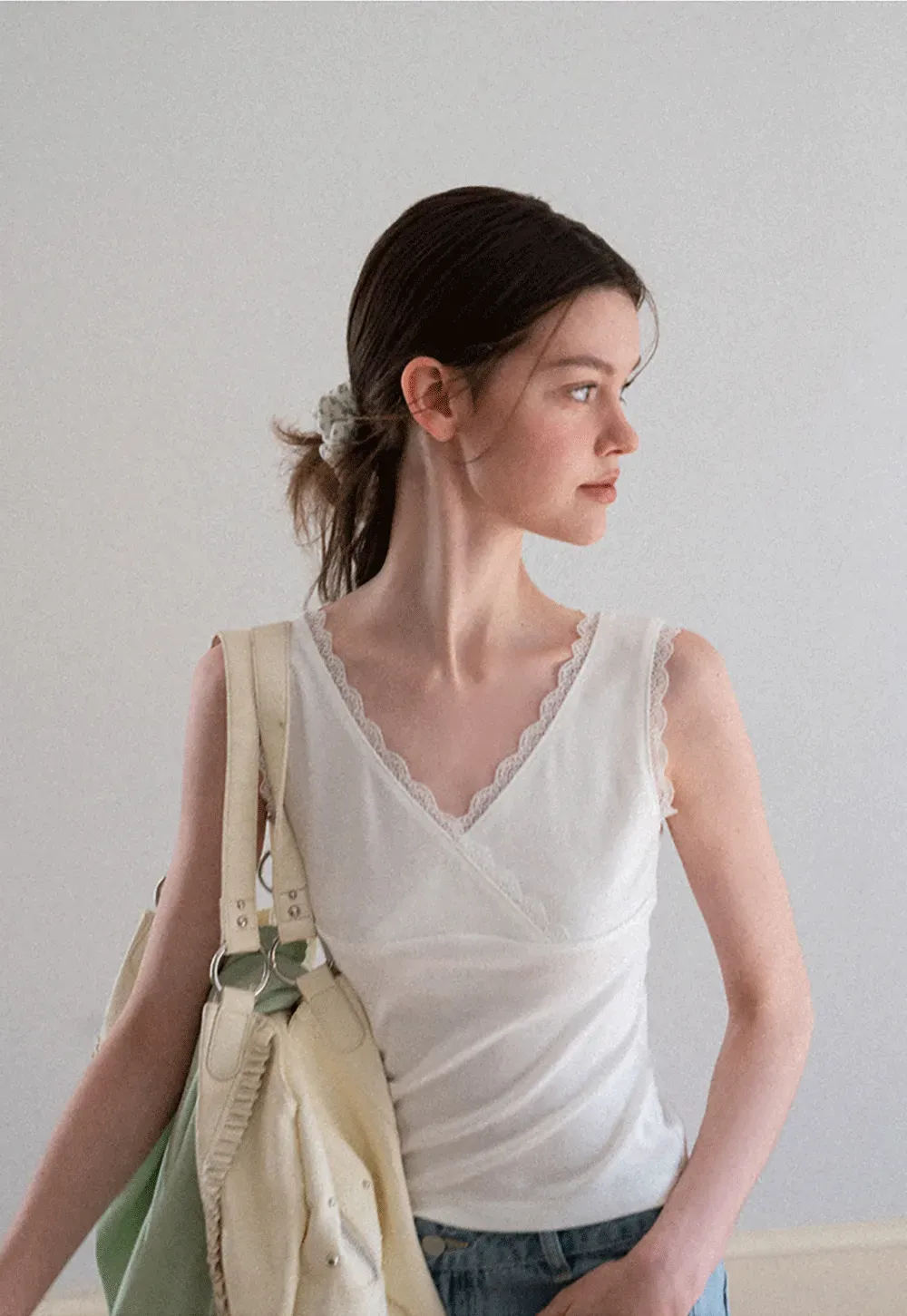 Lace Trim V Neck Wrap Front Tank Top