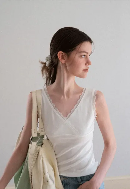 Lace Trim V Neck Wrap Front Tank Top