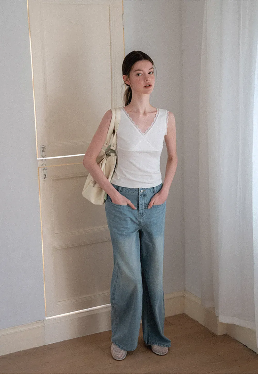 Lace Trim V Neck Wrap Front Tank Top