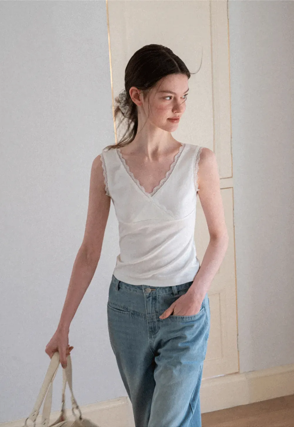 Lace Trim V Neck Wrap Front Tank Top