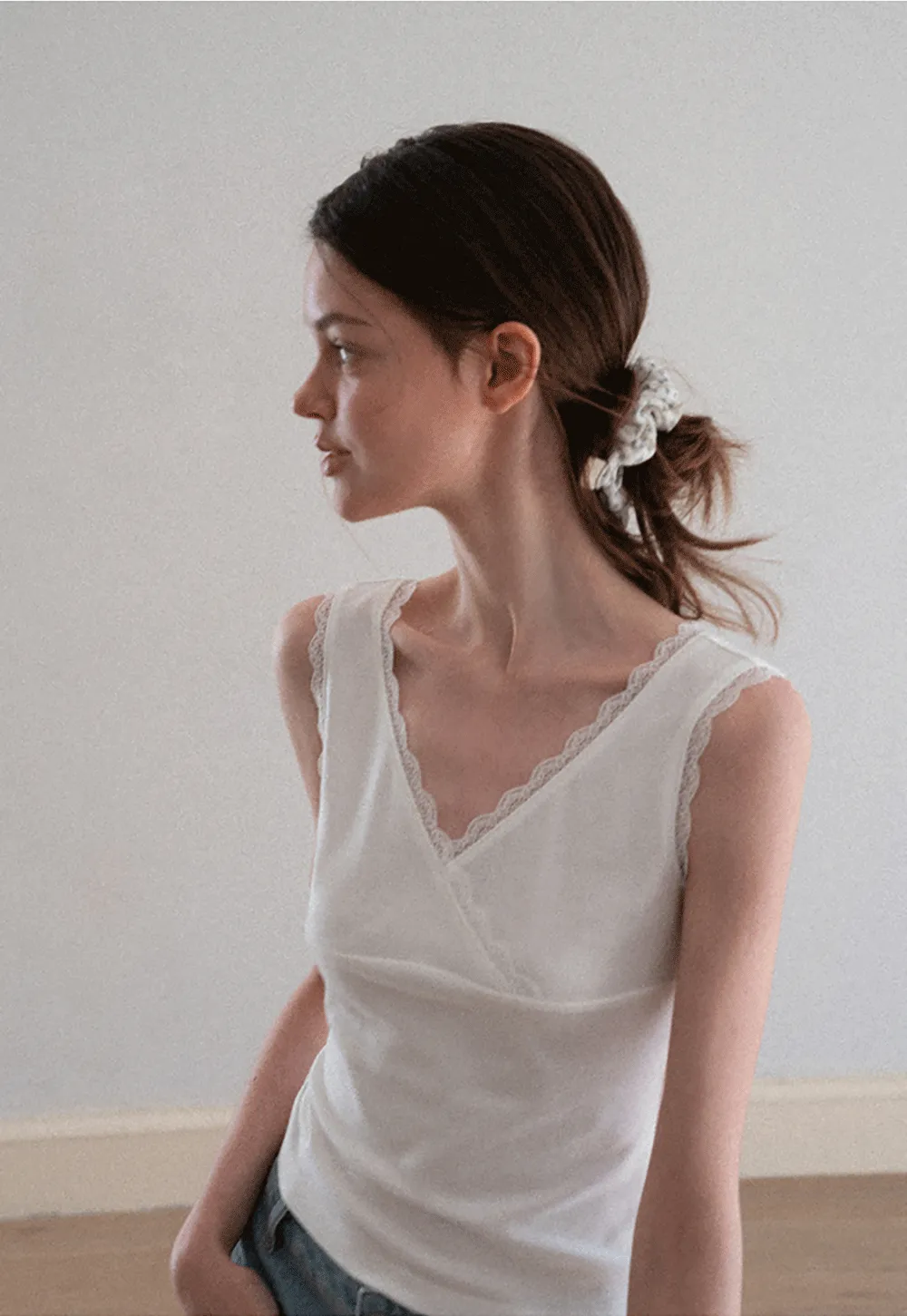 Lace Trim V Neck Wrap Front Tank Top