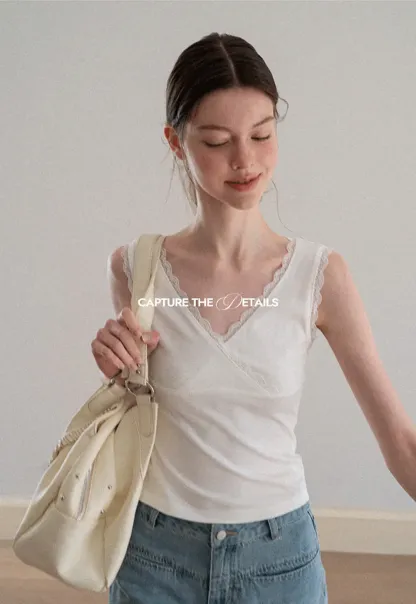 Lace Trim V Neck Wrap Front Tank Top