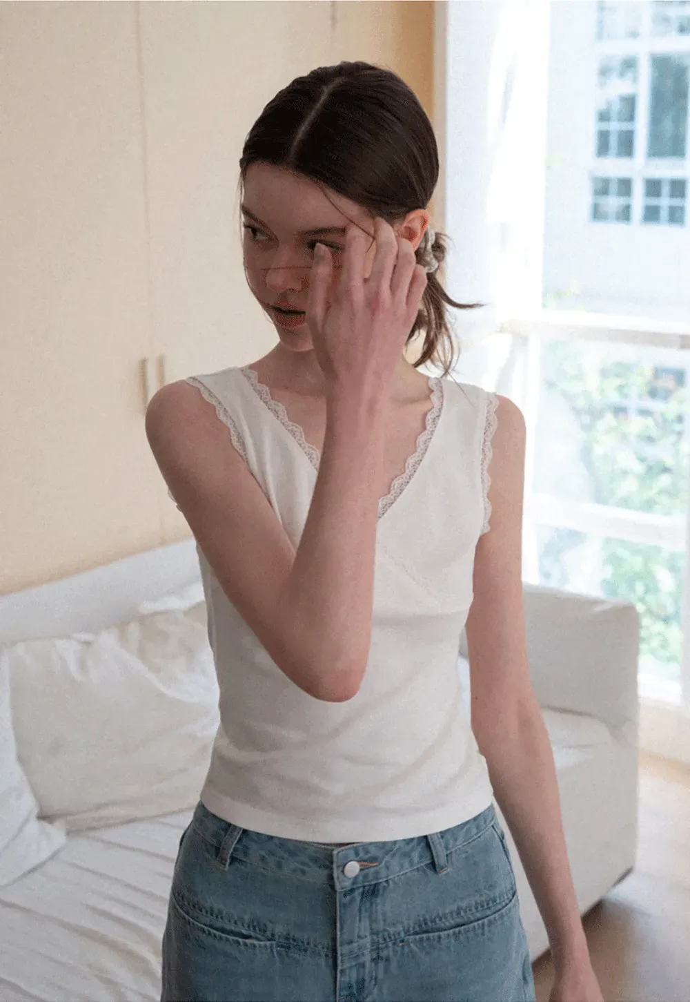 Lace Trim V Neck Wrap Front Tank Top