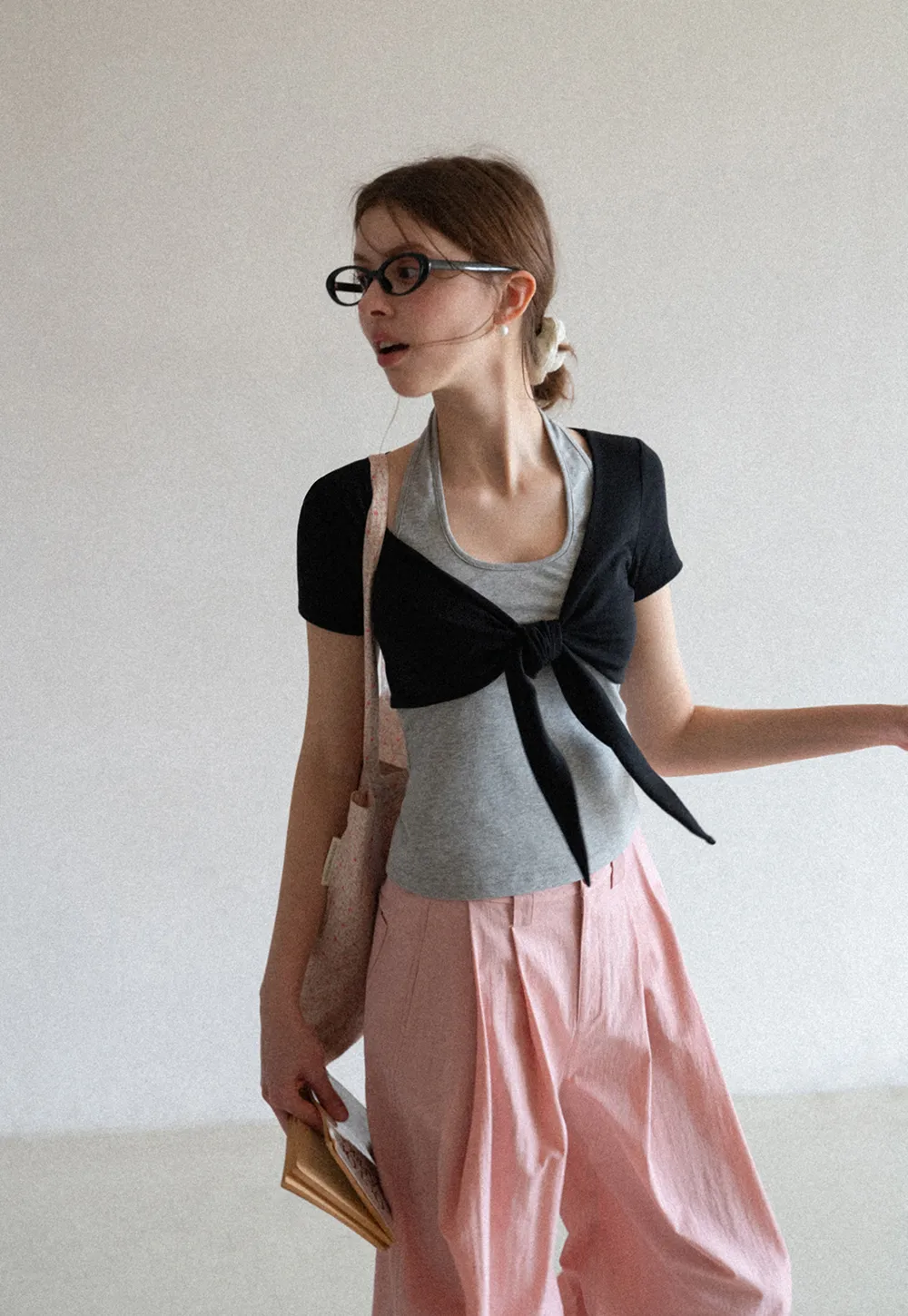 Short Sleeve Top with Front Bow Detail