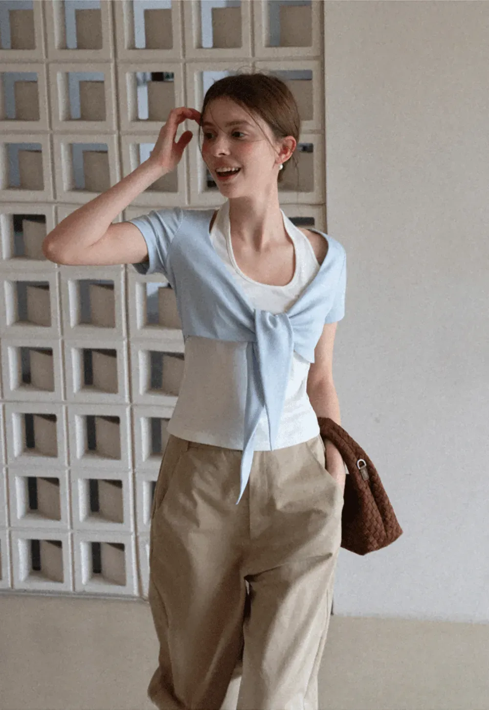 Short Sleeve Top with Front Bow Detail