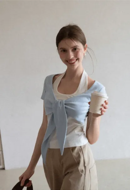 Short Sleeve Top with Front Bow Detail