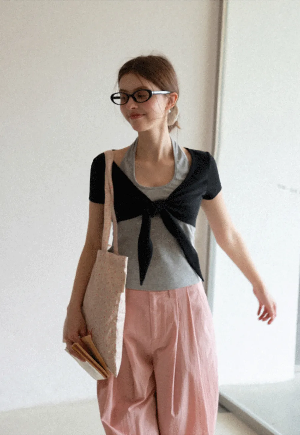 Short Sleeve Top with Front Bow Detail