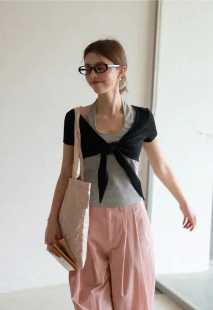 Short Sleeve Top with Front Bow Detail