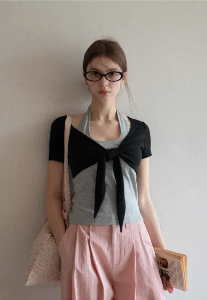 Short Sleeve Top with Front Bow Detail