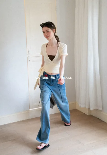 Wrap Front V Neck Short Sleeve T Shirt