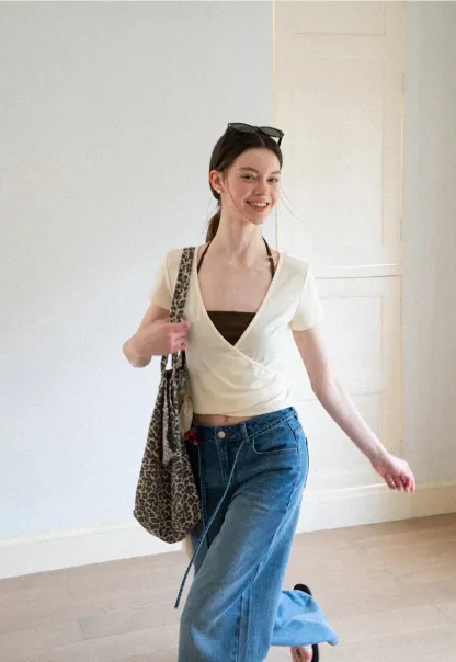Wrap Front V Neck Short Sleeve T Shirt