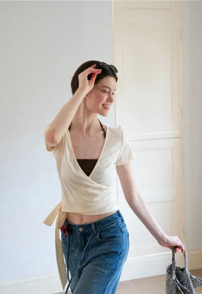 Wrap Front V Neck Short Sleeve T Shirt