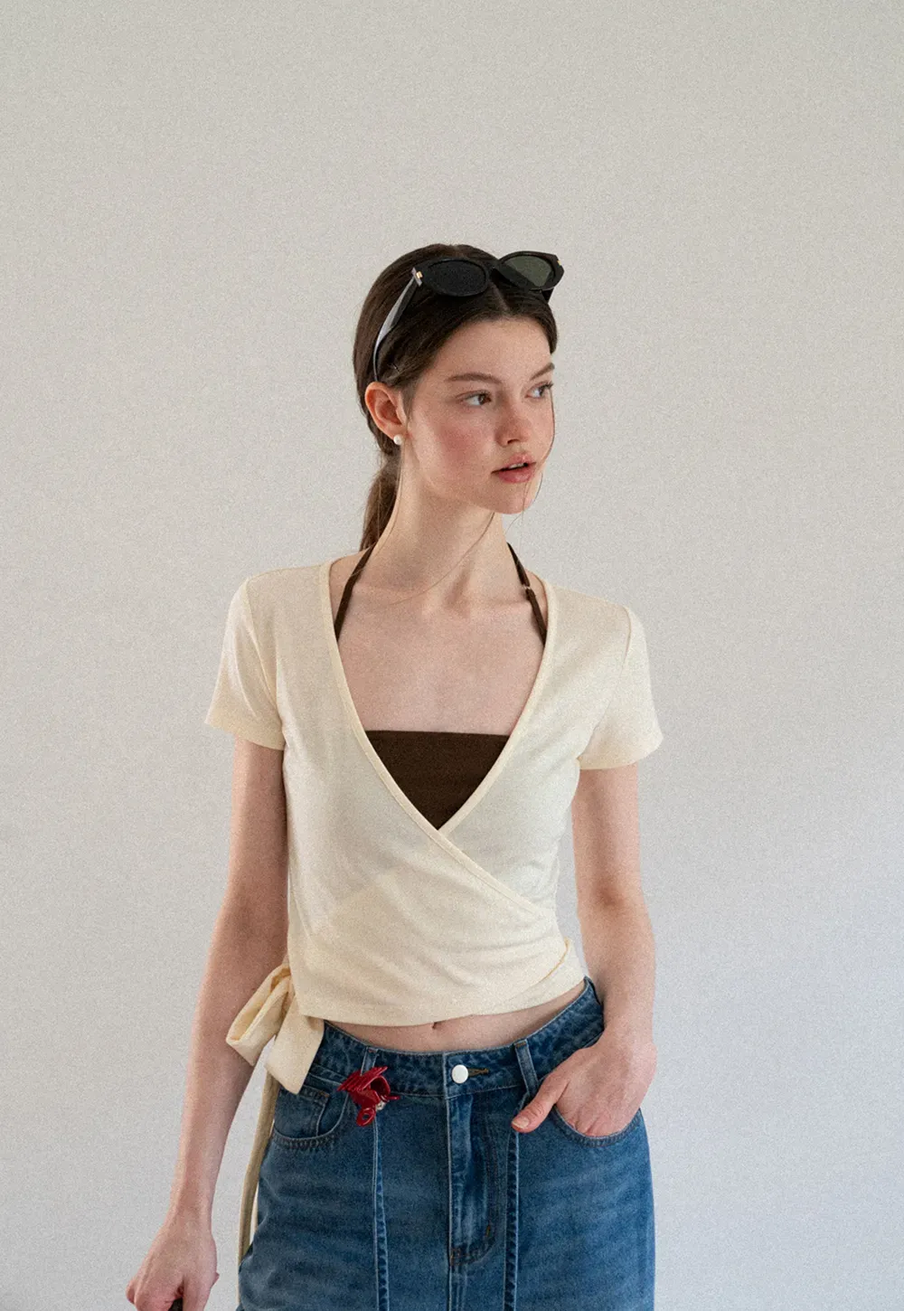 Wrap Front V Neck Short Sleeve T Shirt