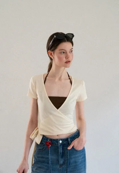 Wrap Front V Neck Short Sleeve T Shirt