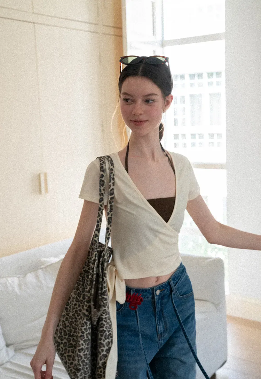 Wrap Front V Neck Short Sleeve T Shirt