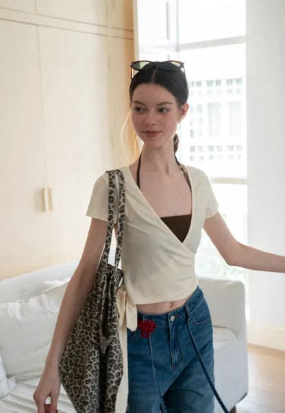Wrap Front V Neck Short Sleeve T Shirt