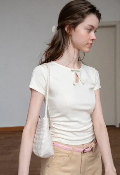 Keyhole Neck Tie Detail Short Sleeve Tshirt