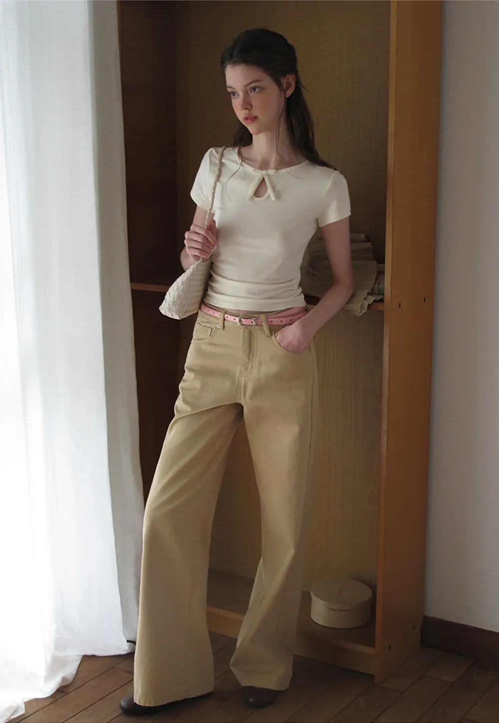 Keyhole Neck Tie Detail Short Sleeve Tshirt