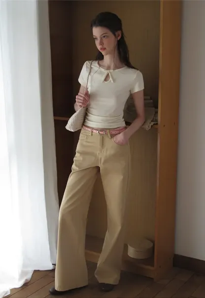 Keyhole Neck Tie Detail Short Sleeve Tshirt