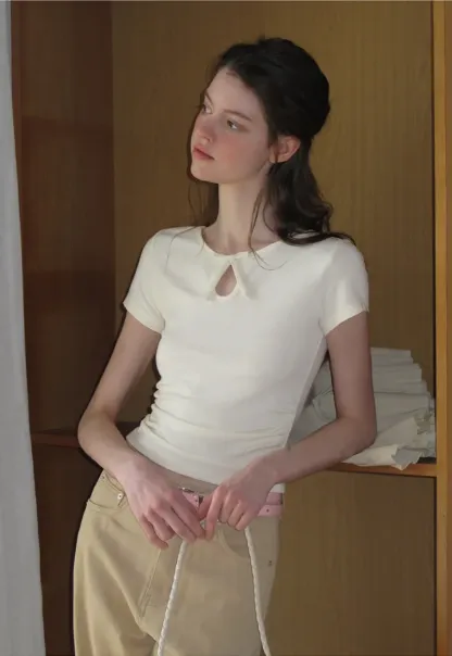 Keyhole Neck Tie Detail Short Sleeve Tshirt