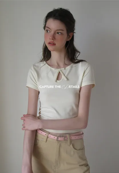 Keyhole Neck Tie Detail Short Sleeve Tshirt