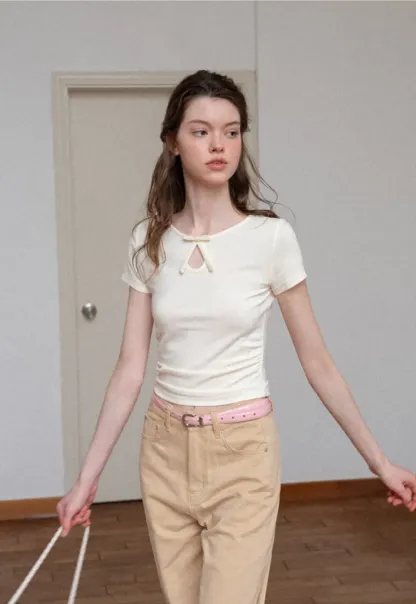 Keyhole Neck Tie Detail Short Sleeve Tshirt