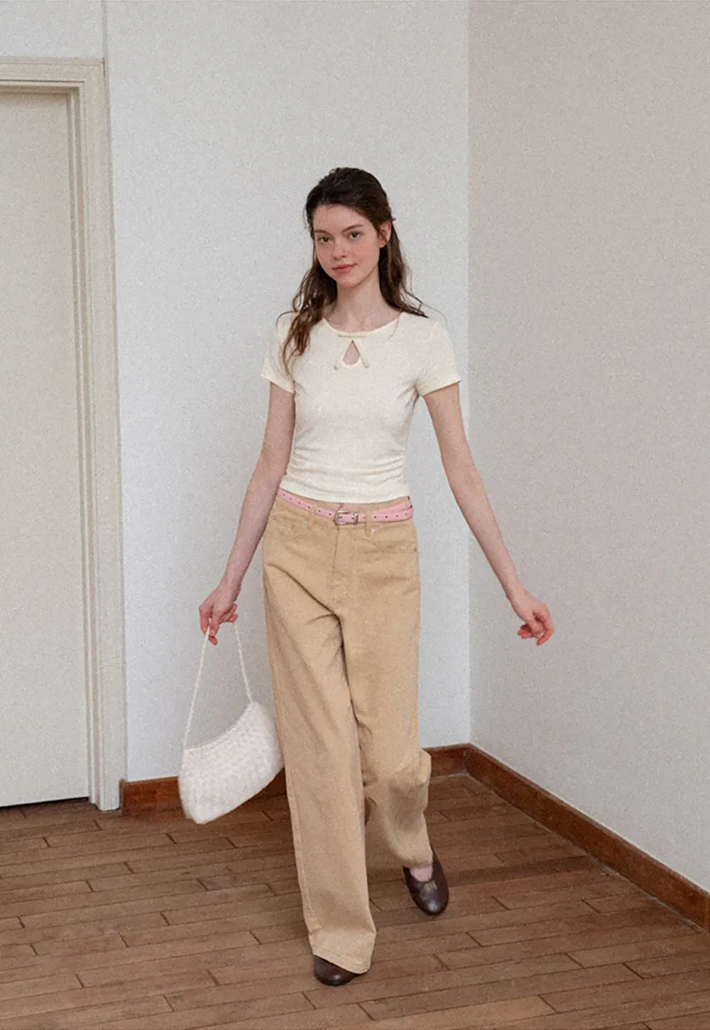 Keyhole Neck Tie Detail Short Sleeve Tshirt