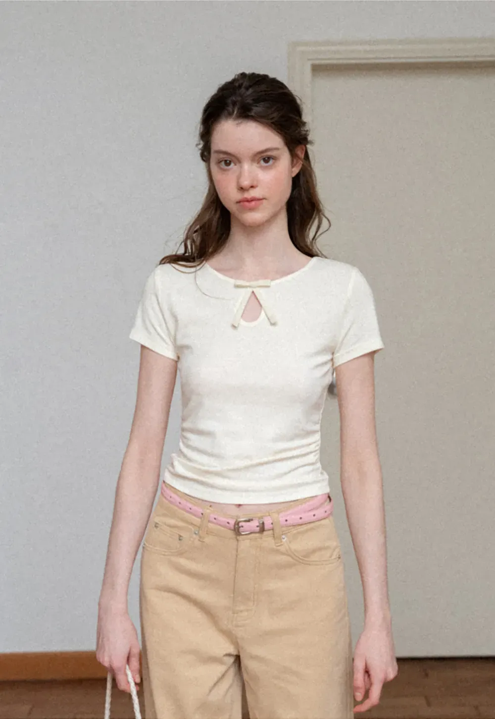 Keyhole Neck Tie Detail Short Sleeve Tshirt