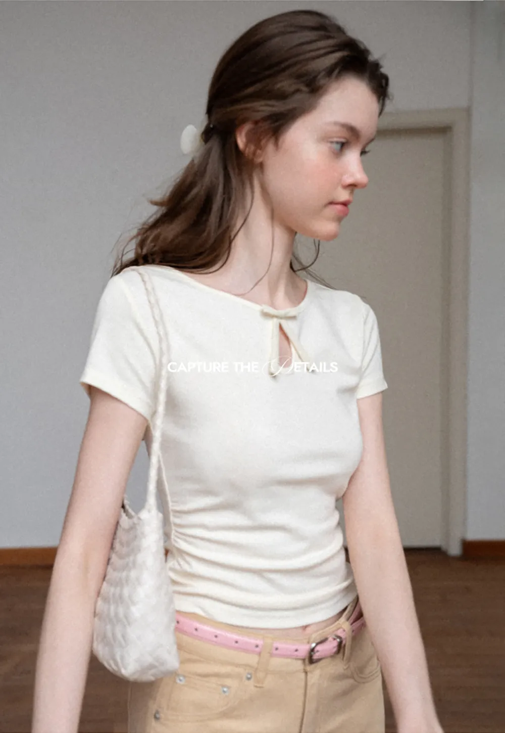 Keyhole Neck Tie Detail Short Sleeve Tshirt