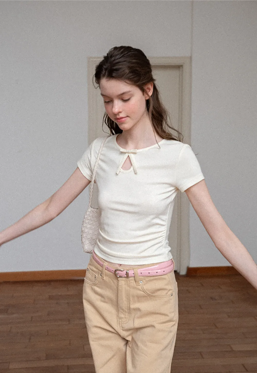 Keyhole Neck Tie Detail Short Sleeve Tshirt