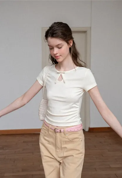 Keyhole Neck Tie Detail Short Sleeve Tshirt