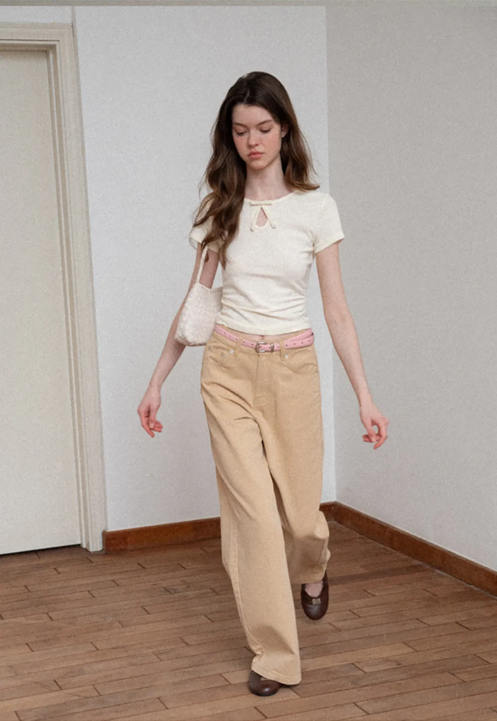 Keyhole Neck Tie Detail Short Sleeve Tshirt