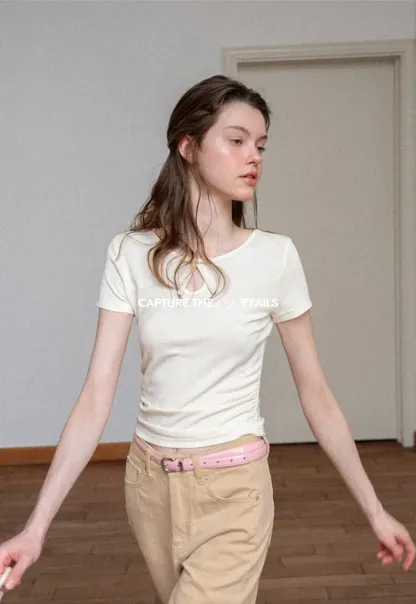 Keyhole Neck Tie Detail Short Sleeve Tshirt