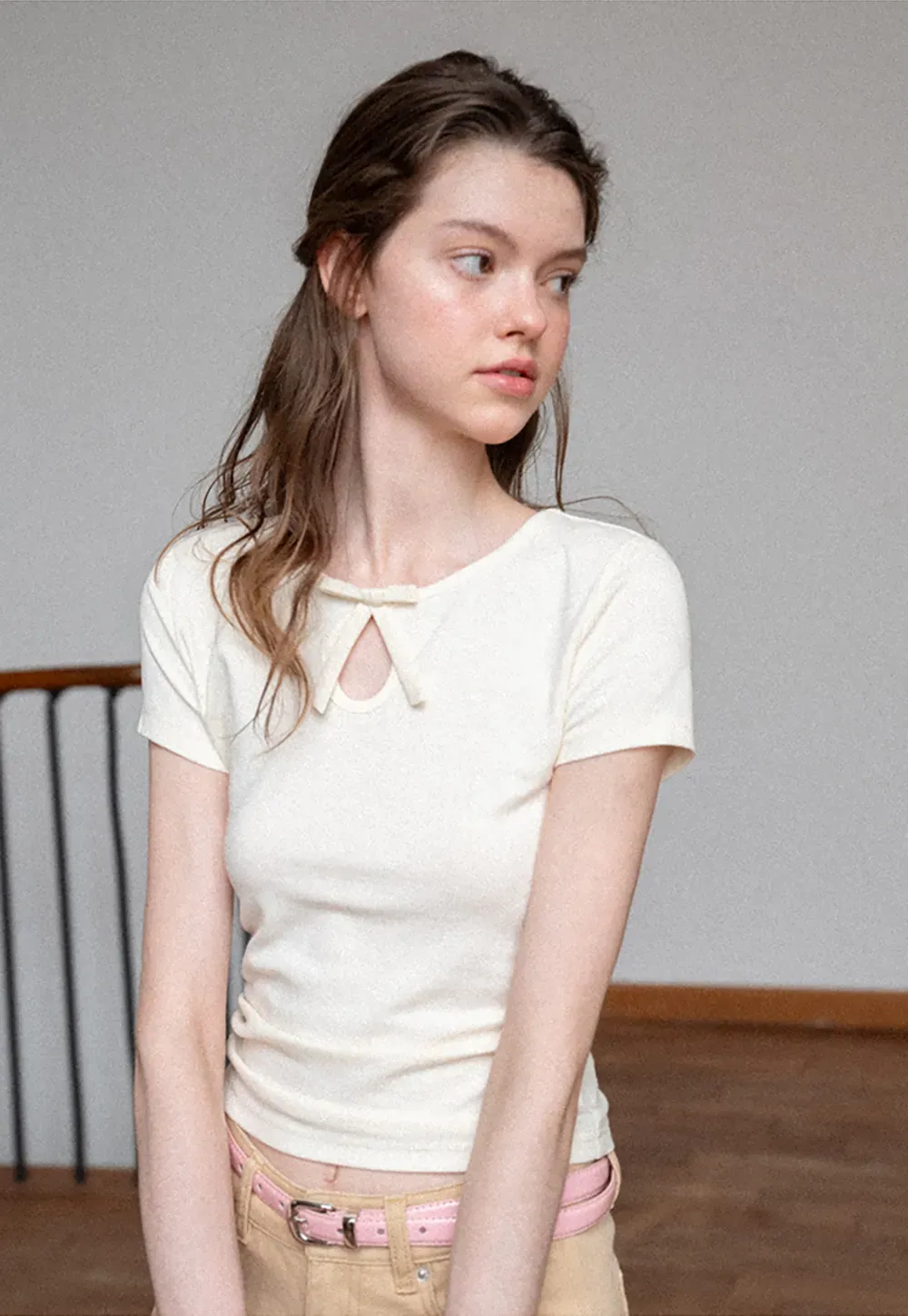 Keyhole Neck Tie Detail Short Sleeve Tshirt