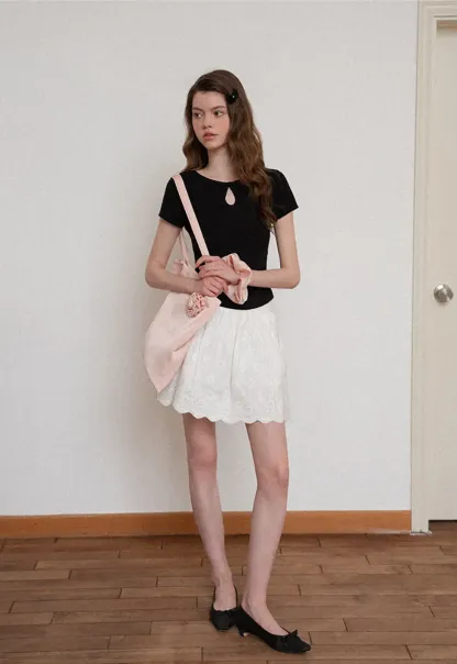 Keyhole Neck Tie Detail Short Sleeve Tshirt