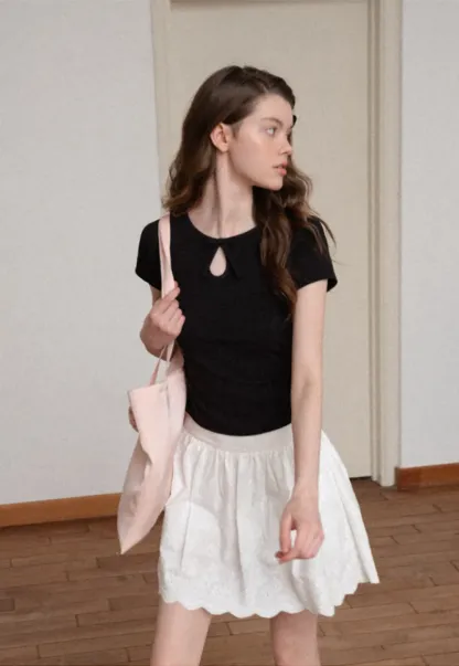 Keyhole Neck Tie Detail Short Sleeve Tshirt