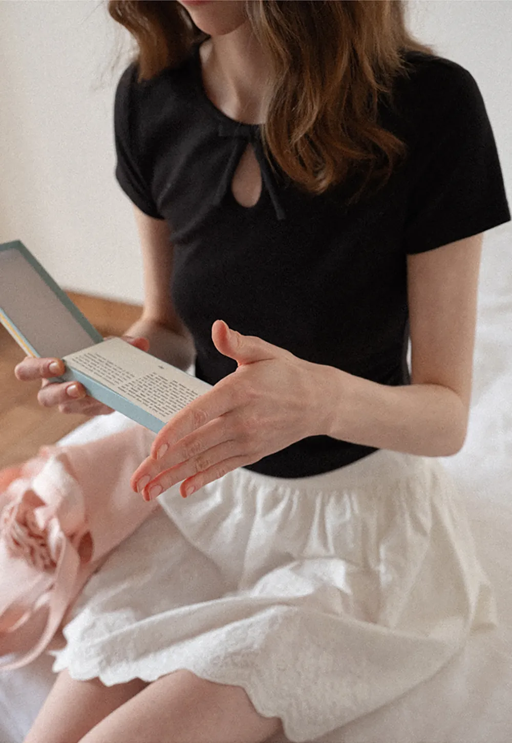 Keyhole Neck Tie Detail Short Sleeve Tshirt