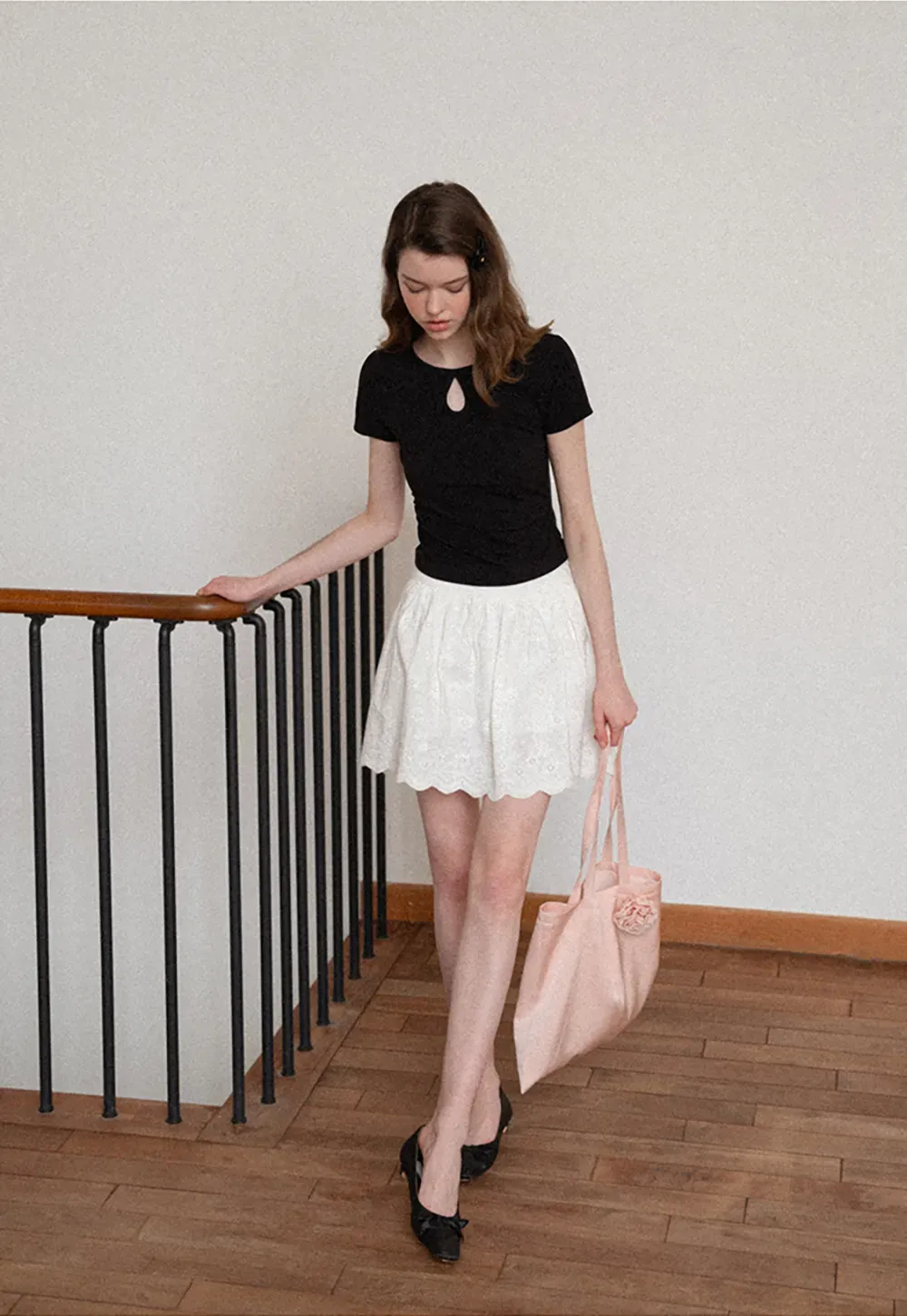 Keyhole Neck Tie Detail Short Sleeve Tshirt