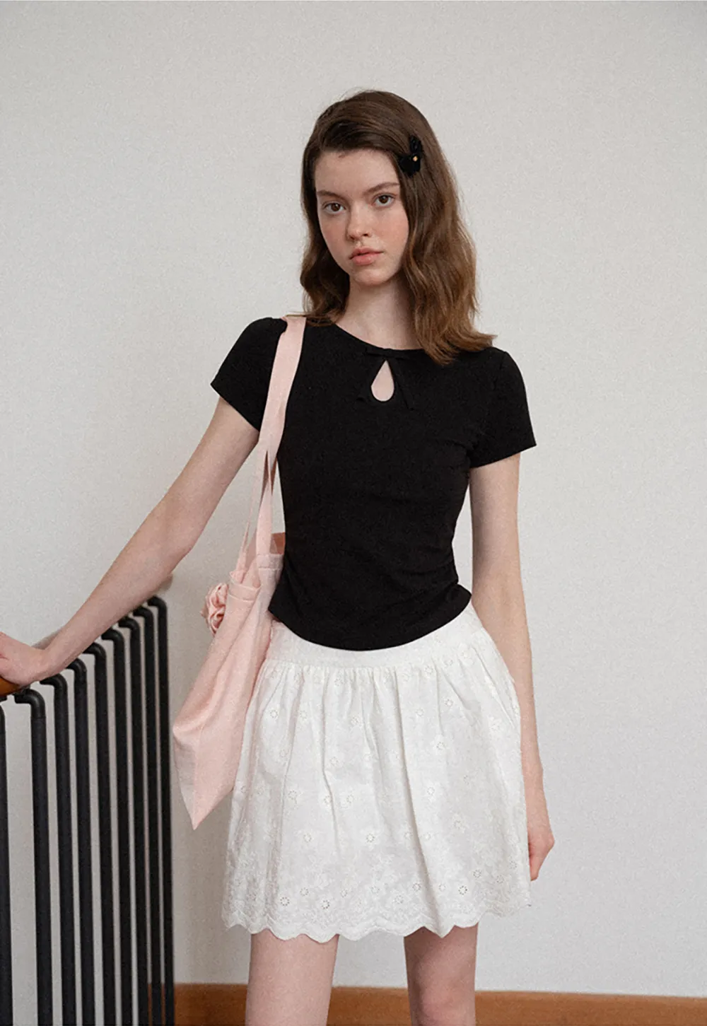 Keyhole Neck Tie Detail Short Sleeve Tshirt