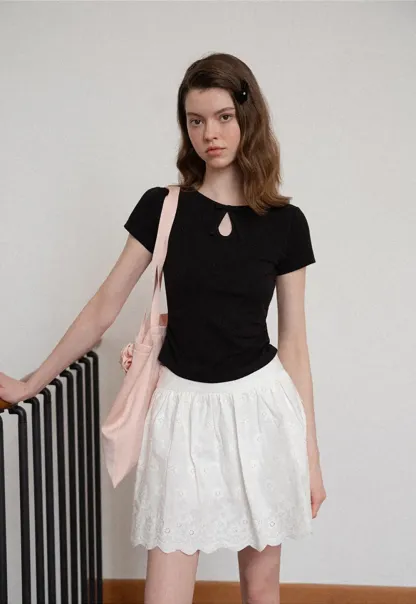 Keyhole Neck Tie Detail Short Sleeve Tshirt