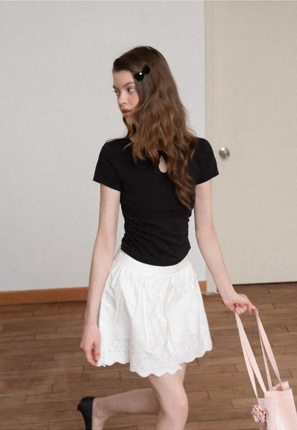 Keyhole Neck Tie Detail Short Sleeve Tshirt