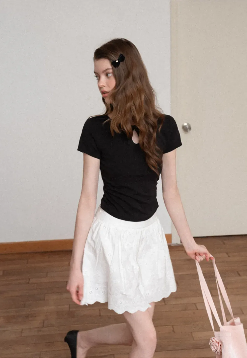 Keyhole Neck Tie Detail Short Sleeve Tshirt