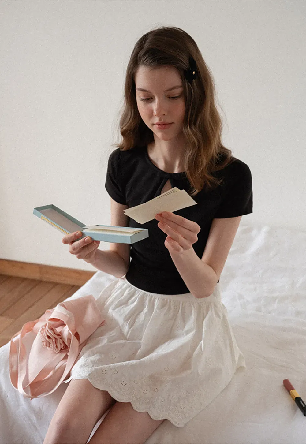 Keyhole Neck Tie Detail Short Sleeve Tshirt