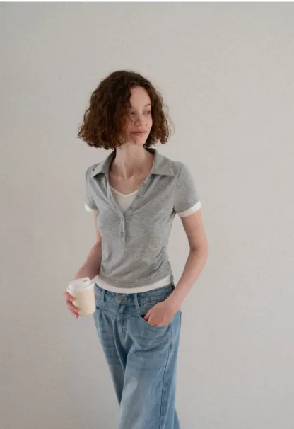 Short Sleeve Collared Button Front T Shirt