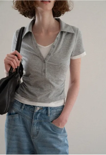 Short Sleeve Collared Button Front T Shirt